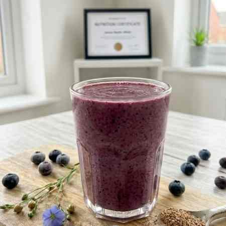Weight Loss Smoothies: 6 Nutritionist Approved Recipes for UK Kitchens A close-up photograph of a deep, thick purple blueberry smoothie in a clear glass tumbler, set on a rustic wooden board. The thickened texture is visible. Surrounding the glass are artfully arranged ingredients: whole blueberries, delicate blue flax flowers and seed pods, and a small ceramic spoon holding milled flaxseed. The framed certificate is blurred in the background.