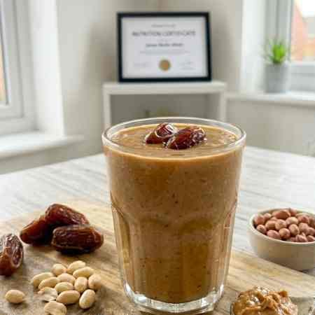 Weight Loss Smoothies: 6 Nutritionist Approved Recipes for UK Kitchens A close-up photograph of a rich, caramel-brown date and peanut butter smoothie in a clear glass tumbler, sitting on a rustic wooden board in a bright kitchen. It is garnished with two Medjool dates on top. Arranged around the base are whole dates, raw peanuts, and a dollop of peanut butter on a ceramic spoon. The framed certificate is blurred in the background.