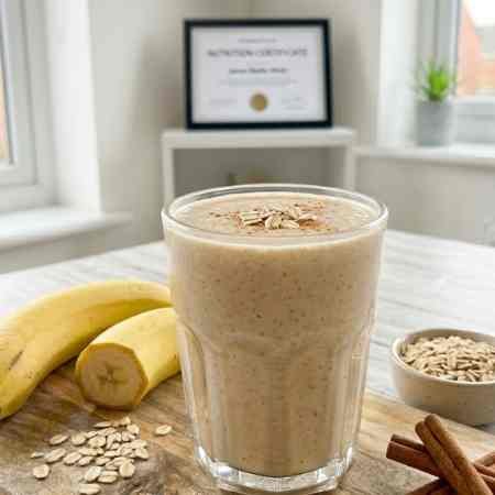 Weight Loss Smoothies: 6 Nutritionist Approved Recipes for UK Kitchens A close-up photograph of a thick, pale beige-brown oat and banana smoothie in a clear glass tumbler, presented on a rustic wooden board in a bright kitchen. The smoothie is dusted with cinnamon and garnished with rolled oats. Arranged at the base are a whole ripe banana, a small ceramic scoop with uncooked porridge oats, and cinnamon sticks. The framed certificate is blurred in the background.