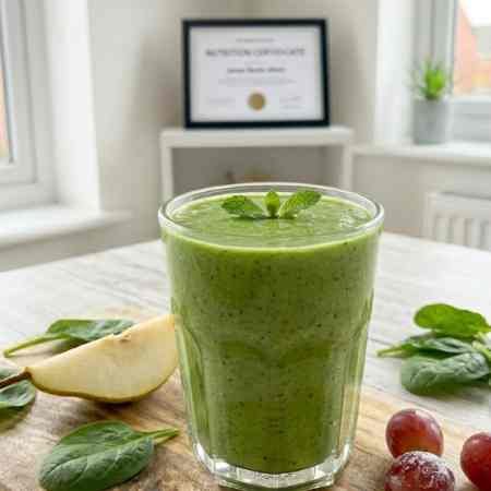 Weight Loss Smoothies: 6 Nutritionist Approved Recipes for UK Kitchens A close-up photograph of a velvety, rich green spinach and pear smoothie in a clear glass tumbler, positioned on a rustic wooden board in a bright kitchen. The smoothie is garnished with two mint leaves. Scattered around the base are key fresh ingredients: whole spinach leaves, a ripe pear slice with skin, and individual red grapes with bloom. The framed certificate is blurred in the background.
