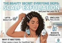 An infographic guide to scalp exfoliation for MyBreezyLife, featuring a woman with curly hair applying a salicylic acid treatment in a bathroom setting. Text overlays highlight the benefits of scalp exfoliation, including "Lifts Build-Up," "Unclogs Follicles," and "Boosts Products," emphasizing how to clear away residue for healthier hair.