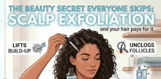 An infographic guide to scalp exfoliation for MyBreezyLife, featuring a woman with curly hair applying a salicylic acid treatment in a bathroom setting. Text overlays highlight the benefits of scalp exfoliation, including "Lifts Build-Up," "Unclogs Follicles," and "Boosts Products," emphasizing how to clear away residue for healthier hair.