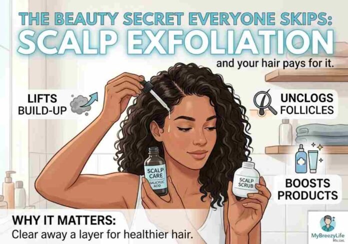 An infographic guide to scalp exfoliation for MyBreezyLife, featuring a woman with curly hair applying a salicylic acid treatment in a bathroom setting. Text overlays highlight the benefits of scalp exfoliation, including "Lifts Build-Up," "Unclogs Follicles," and "Boosts Products," emphasizing how to clear away residue for healthier hair.