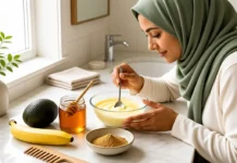 Ingredients for a homemade protein treatment on a bathroom vanity