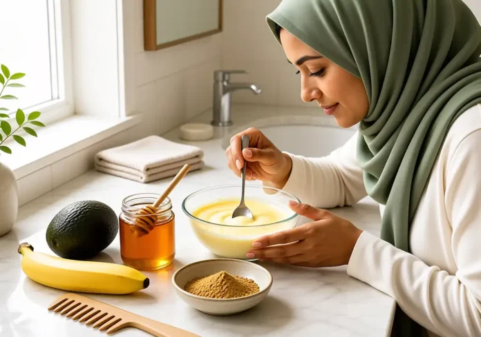 Ingredients for a homemade protein treatment on a bathroom vanity