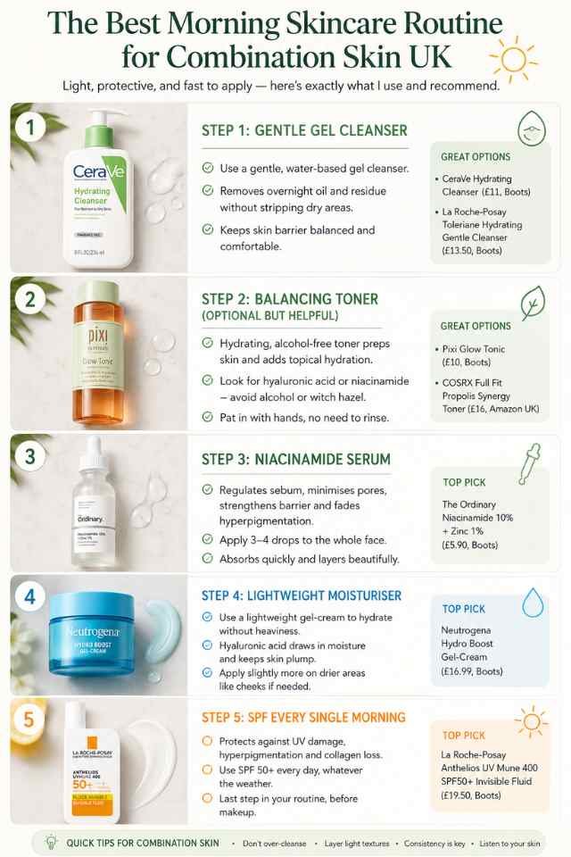 The Best Skincare Routine for Combination Skin UK: Your Complete 2026 Guide Morning skincare routine for combination skin UK infographic with cleanser, toner, niacinamide serum, moisturiser and SPF products for UK skincare routine 2026