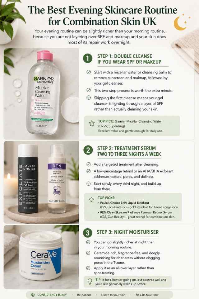 The Best Skincare Routine for Combination Skin UK: Your Complete 2026 Guide Evening skincare routine for combination skin UK infographic featuring double cleansing, treatment serum and night moisturiser for balanced combination skin care routine in the UK