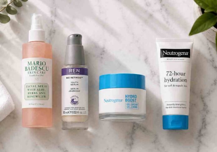skincare routine for combination skin UK Skincare routine for combination skin UK laid out on a marble surface including cleanser, niacinamide serum, moisturiser and SPF