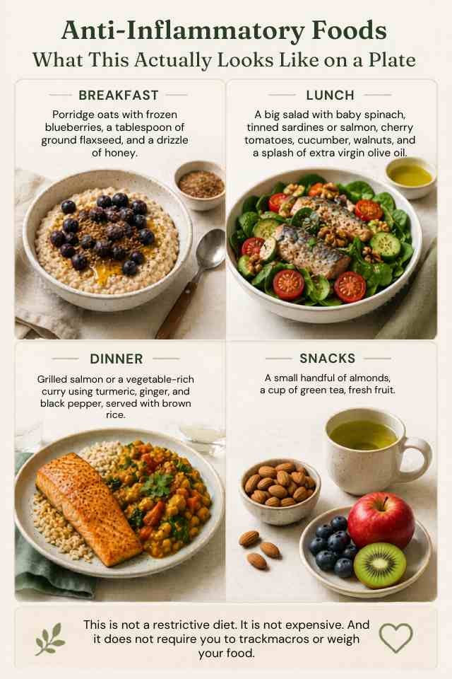Anti-Inflammatory Foods: What to Eat to Help Your Body Heal Anti-inflammatory foods UK infographic showing breakfast, lunch, dinner and healthy snack ideas with salmon, oats, berries, spinach, walnuts and green tea in a modern editorial layout.