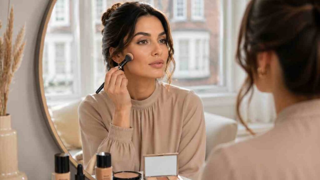 How to Contour for Beginners: The Two-Product Method That Works for Every Face Shape Young British woman applying matte bronzer beneath cheekbones in front of mirror – how to contour for beginners makeup tutorial