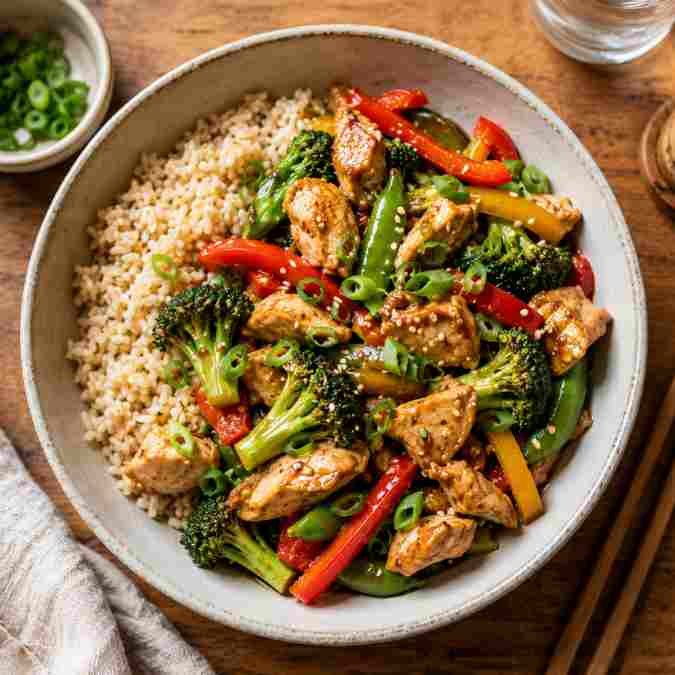 Easy Healthy Dinner Recipes UK: 8 Nutritious Weeknight Meals the Whole Family Will Love Halal chicken and vegetable stir-fry with brown rice, a healthy easy dinner recipe for UK families