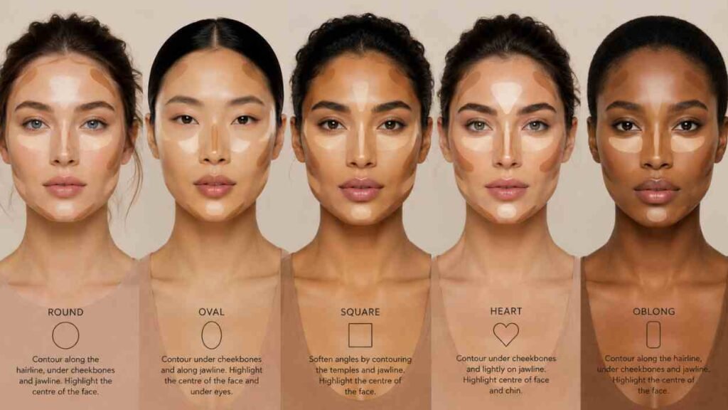 How to Contour for Beginners: The Two-Product Method That Works for Every Face Shape How to contour for beginners guide showing contour placement for round, oval, square, heart-shaped, and oblong face shapes with natural makeup looks