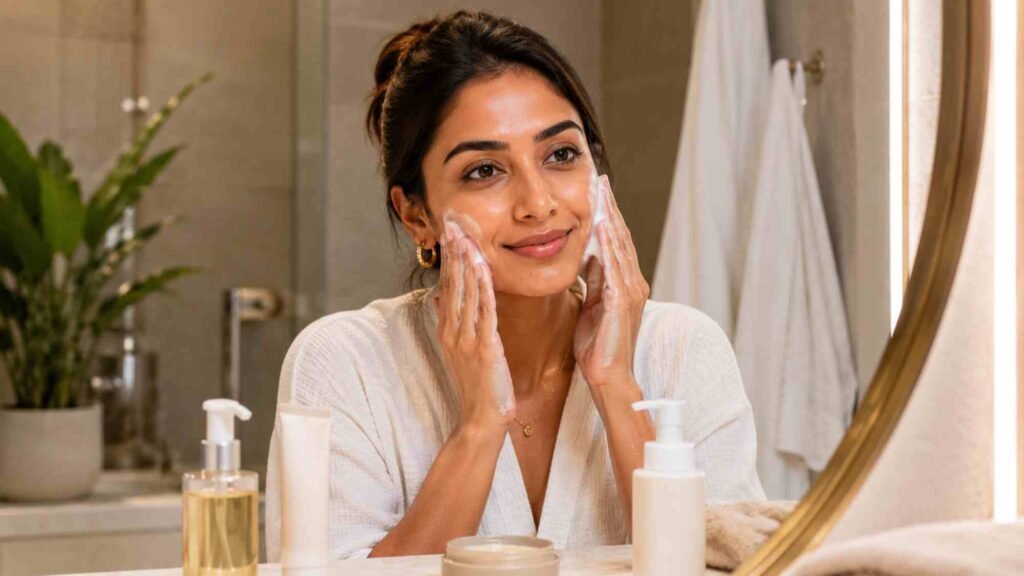 Double cleansing routine demonstrated in skincare guide for women UK