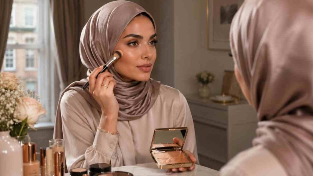 How to Contour for Beginners: The Two-Product Method That Works for Every Face Shape British Muslim woman in taupe satin hijab applying contour and highlighter makeup in elegant vanity setting – how to contour for beginners