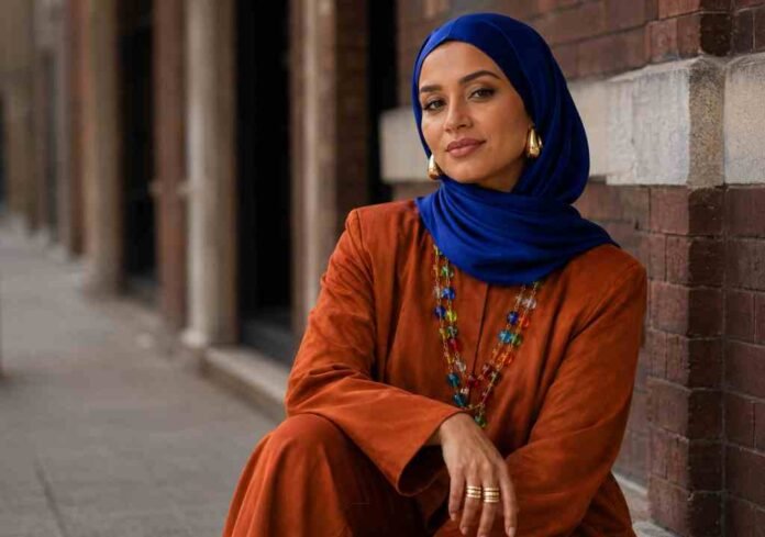 Layla Hassan (1) jewellery trends UK 2026 with cobalt blue hijab, burnt orange co-ord set and colourful layered statement necklace