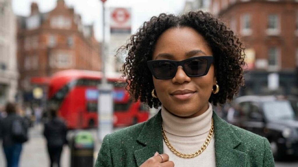 Best Sunglasses for Face Shape UK: The Complete Guide Stylish young woman with round face shape wearing bold angular rectangular sunglasses in urban London fashion – Best Sunglasses for Face Shape UK
