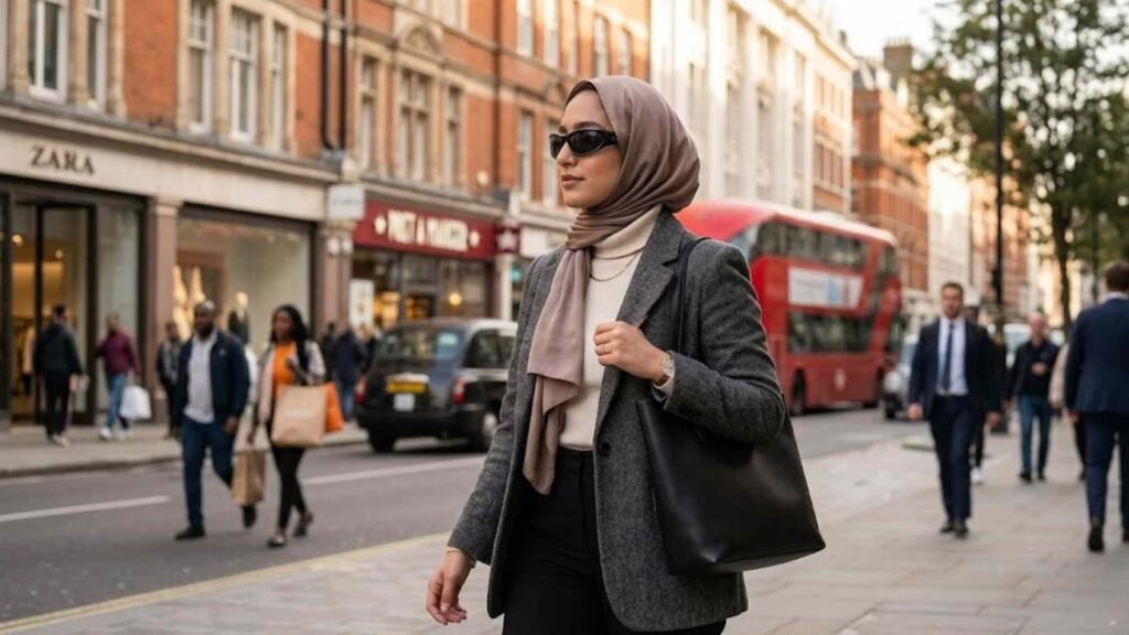 Best Sunglasses for Face Shape UK: The Complete Guide Hijabi woman wearing slim black sunglasses and modest smart-casual outfit while walking through central London – Best Sunglasses for Face Shape UK