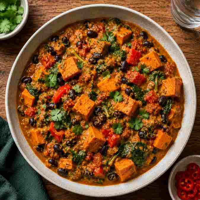 Easy Healthy Dinner Recipes UK: 8 Nutritious Weeknight Meals the Whole Family Will Love Sweet potato and black bean curry served with brown rice, a plant-based easy healthy dinner recipe