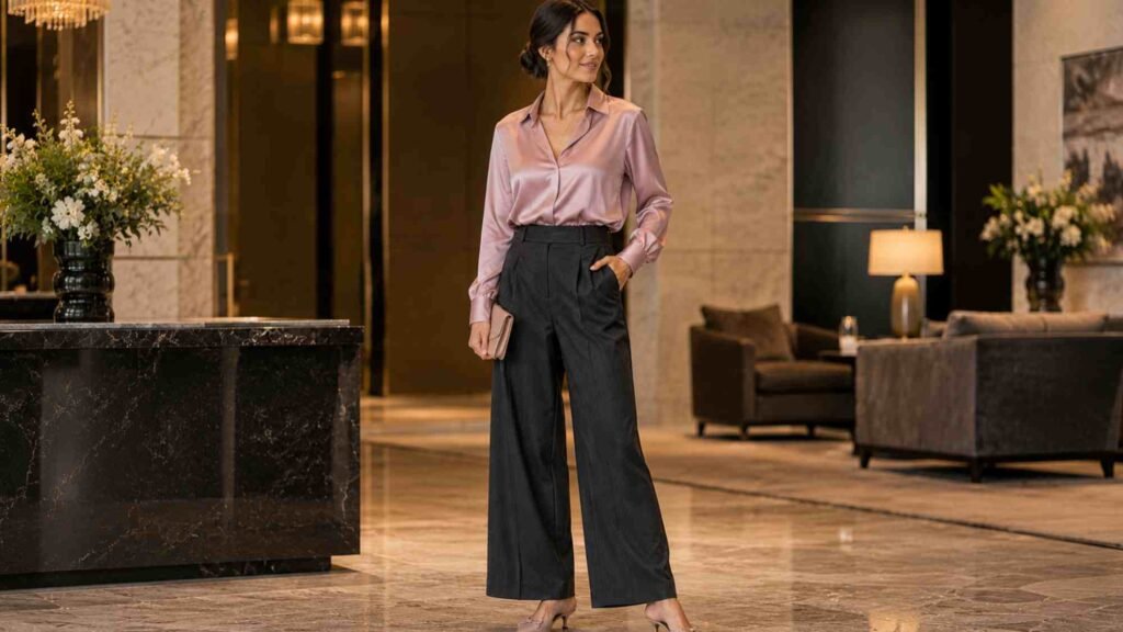What to Wear to a Wedding as a Guest 2026: The UK Style Guide Quiet luxury wedding guest outfit with wide-leg trousers and satin blouse