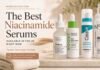 Flatlay of the best niacinamide serum UK options including The Ordinary and Paula's Choice on a marble surface