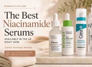 Best Niacinamide Serum UK 2026: Tested and Rated Flatlay of the best niacinamide serum UK options including The Ordinary and Paula's Choice on a marble surface