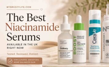 Flatlay of the best niacinamide serum UK options including The Ordinary and Paula's Choice on a marble surface