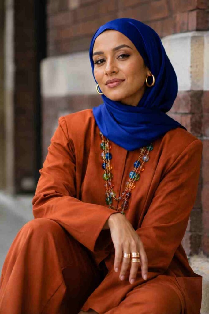 Jewellery Trends UK 2026: The Pieces Every Woman Is Wearing Right Now jewellery trends UK 2026 with cobalt blue hijab, burnt orange co-ord set and colourful layered statement necklace