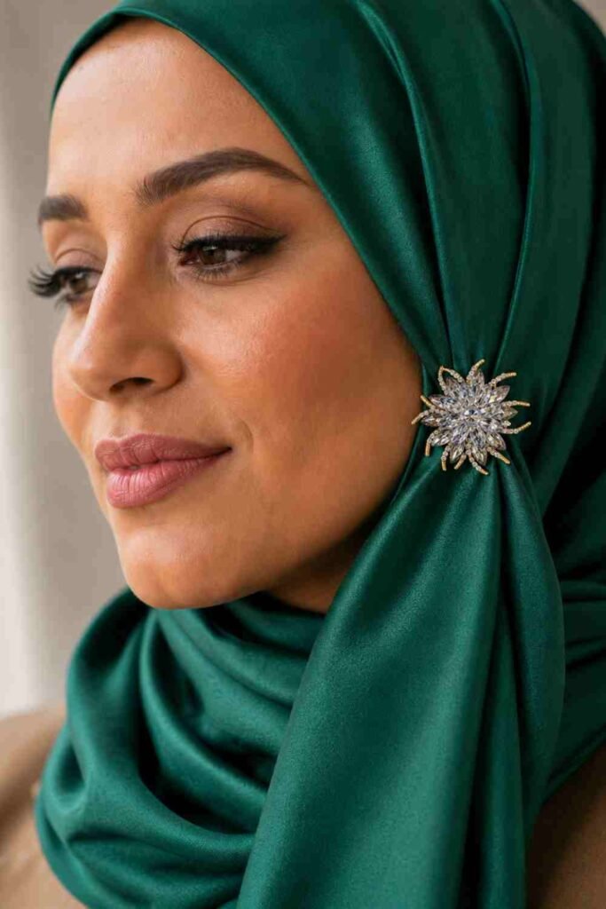 Jewellery Trends UK 2026: The Pieces Every Woman Is Wearing Right Now jewellery trends UK 2026 featuring emerald satin hijab with crystal vintage brooch styling for modern Muslim fashion