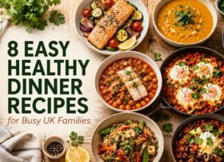 easy healthy dinner recipes UK displayed as eight colourful dishes on a wooden kitchen surface