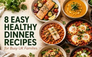easy healthy dinner recipes UK displayed as eight colourful dishes on a wooden kitchen surface