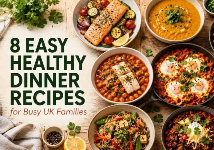 easy healthy dinner recipes UK easy healthy dinner recipes UK displayed as eight colourful dishes on a wooden kitchen surface