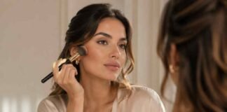 how to contour for beginners - British woman applying contour makeup with fluffy brush in front of vanity mirror using matte bronzer and highlighter – beginner contouring makeup guide UK