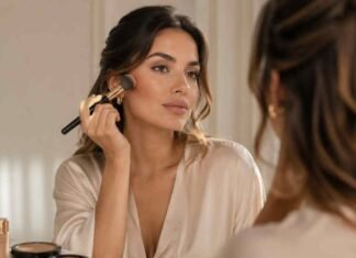 how to contour for beginners - British woman applying contour makeup with fluffy brush in front of vanity mirror using matte bronzer and highlighter – beginner contouring makeup guide UK