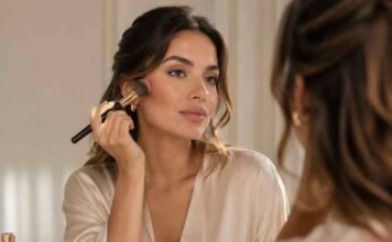 how to contour for beginners - British woman applying contour makeup with fluffy brush in front of vanity mirror using matte bronzer and highlighter – beginner contouring makeup guide UK