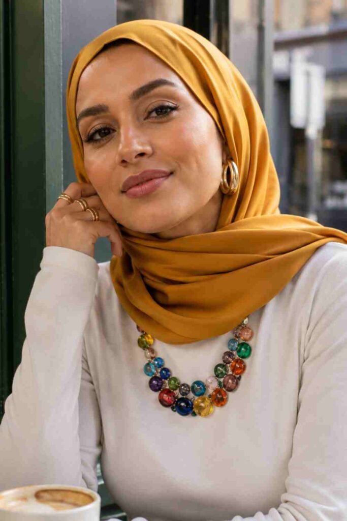Jewellery Trends UK 2026: The Pieces Every Woman Is Wearing Right Now jewellery trends UK 2026 with mustard yellow hijab, colourful glass beaded necklace and modern modest fashion styling
