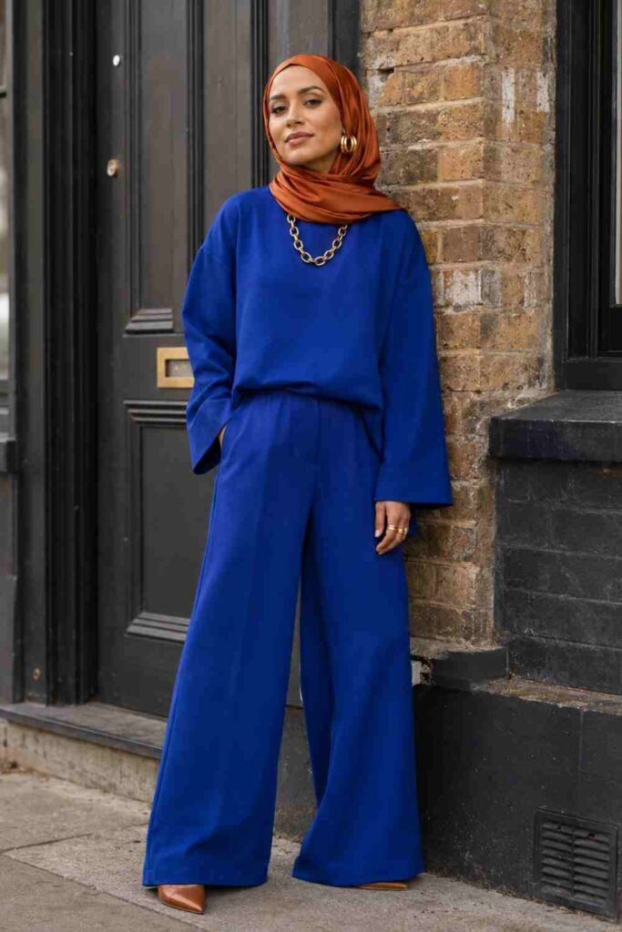 Jewellery Trends UK 2026: The Pieces Every Woman Is Wearing Right Now jewellery trends UK 2026 showcasing cobalt wide-leg co-ord with terracotta satin hijab and chunky gold jewellery styling