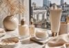 Luxury skincare guide for women UK featuring cleanser, serum, moisturiser and SPF in an elegant editorial flatlay