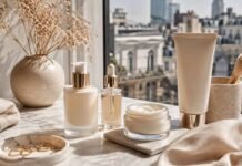 Luxury skincare guide for women UK featuring cleanser, serum, moisturiser and SPF in an elegant editorial flatlay