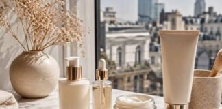 Luxury skincare guide for women UK featuring cleanser, serum, moisturiser and SPF in an elegant editorial flatlay