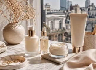 Luxury skincare guide for women UK featuring cleanser, serum, moisturiser and SPF in an elegant editorial flatlay