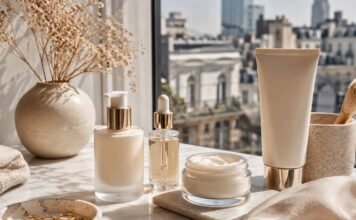Luxury skincare guide for women UK featuring cleanser, serum, moisturiser and SPF in an elegant editorial flatlay