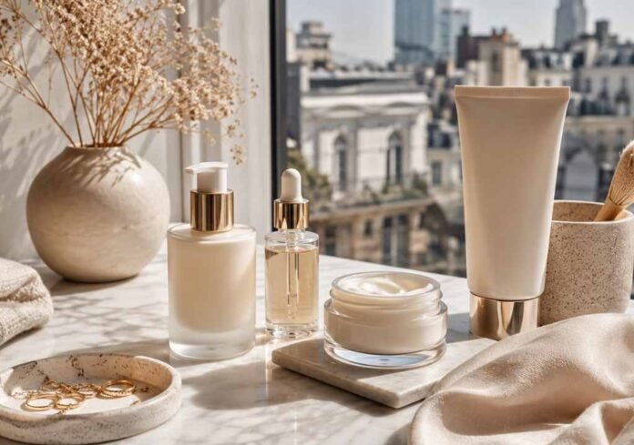 Luxury skincare guide for women UK featuring cleanser, serum, moisturiser and SPF in an elegant editorial flatlay