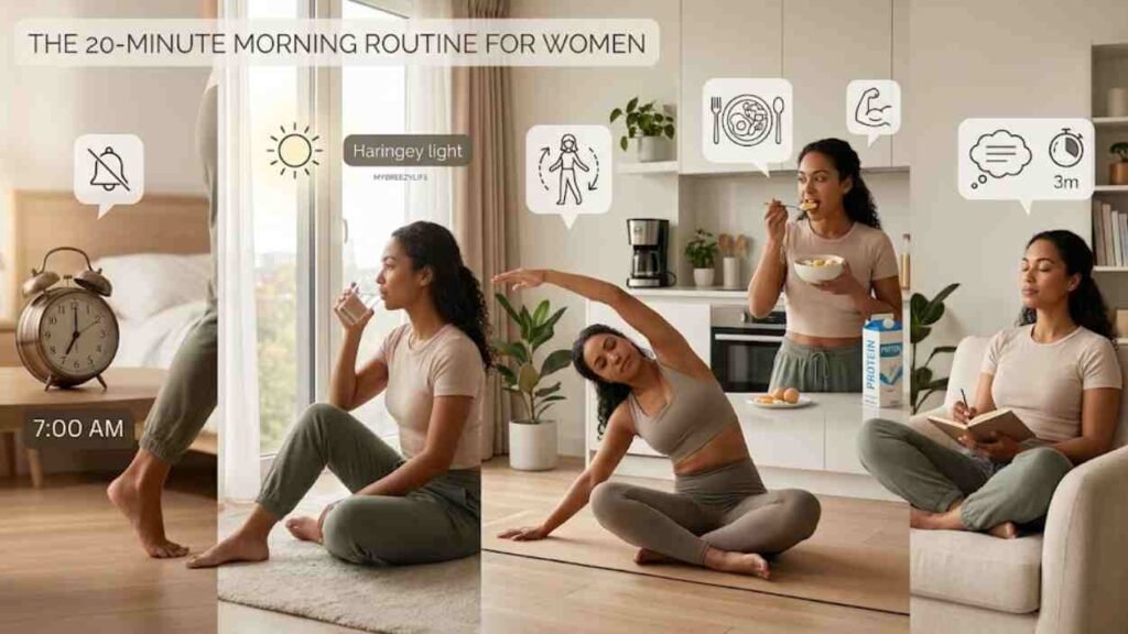 A step-by-step visual guide for a 20-minute morning routine for women, illustrating habits from waking up and drinking water to gentle movement, protein-rich breakfast, and mindfulness.