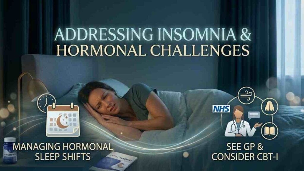 How to Improve Sleep Quality: The Evidence-Based Guide for UK Women A woman in bed illustrating hormonal sleep challenges and the importance of consulting a GP or using CBT-I, a key step in how to improve sleep quality.