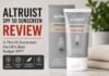 Altruist SPF 50 sunscreen review UK featured image showing Altruist Dermatologist Face Fluid SPF 50 sunscreen tube and box with headline highlighting UK budget sunscreen review, 5-star UVA protection, lightweight non-greasy formula, and under £8 price point.