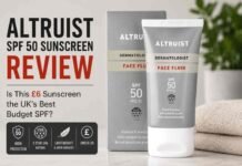 Altruist SPF 50 Sunscreen Review UK: Is This £8 Sun Cream Really Worth the Hype? Altruist SPF 50 sunscreen review UK featured image showing Altruist Dermatologist Face Fluid SPF 50 sunscreen tube and box with headline highlighting UK budget sunscreen review, 5-star UVA protection, lightweight non-greasy formula, and under £8 price point.