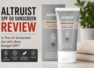 Altruist SPF 50 sunscreen review UK featured image showing Altruist Dermatologist Face Fluid SPF 50 sunscreen tube and box with headline highlighting UK budget sunscreen review, 5-star UVA protection, lightweight non-greasy formula, and under £8 price point.