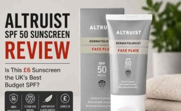 Altruist SPF 50 sunscreen review UK featured image showing Altruist Dermatologist Face Fluid SPF 50 sunscreen tube and box with headline highlighting UK budget sunscreen review, 5-star UVA protection, lightweight non-greasy formula, and under £8 price point.