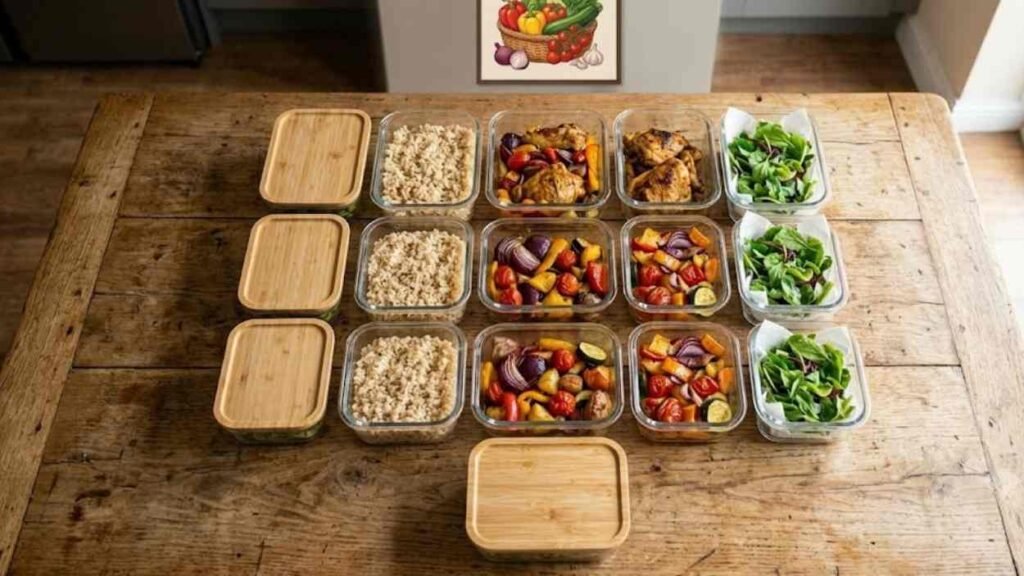 Healthy Meal Prep for Beginners UK: How to Save Time and Eat Well Every Week Healthy meal prep for beginners | An overhead view of a dozen clear glass meal prep containers filled with rice, roasted chicken, vegetables, and salad, neatly organized on a wooden table.
