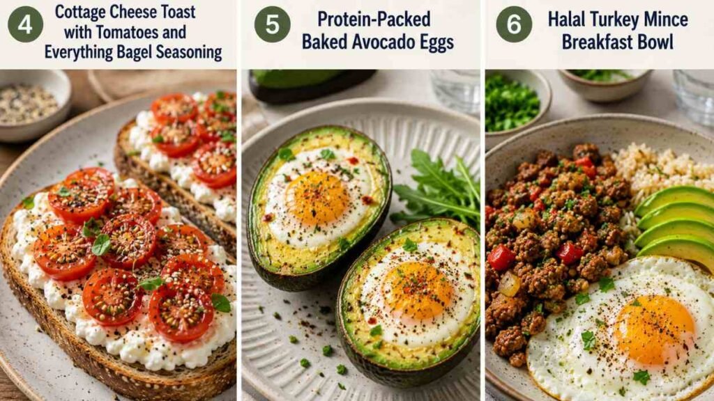 High protein breakfast ideas UK featuring cottage cheese toast, baked avocado eggs and halal turkey mince breakfast bowl